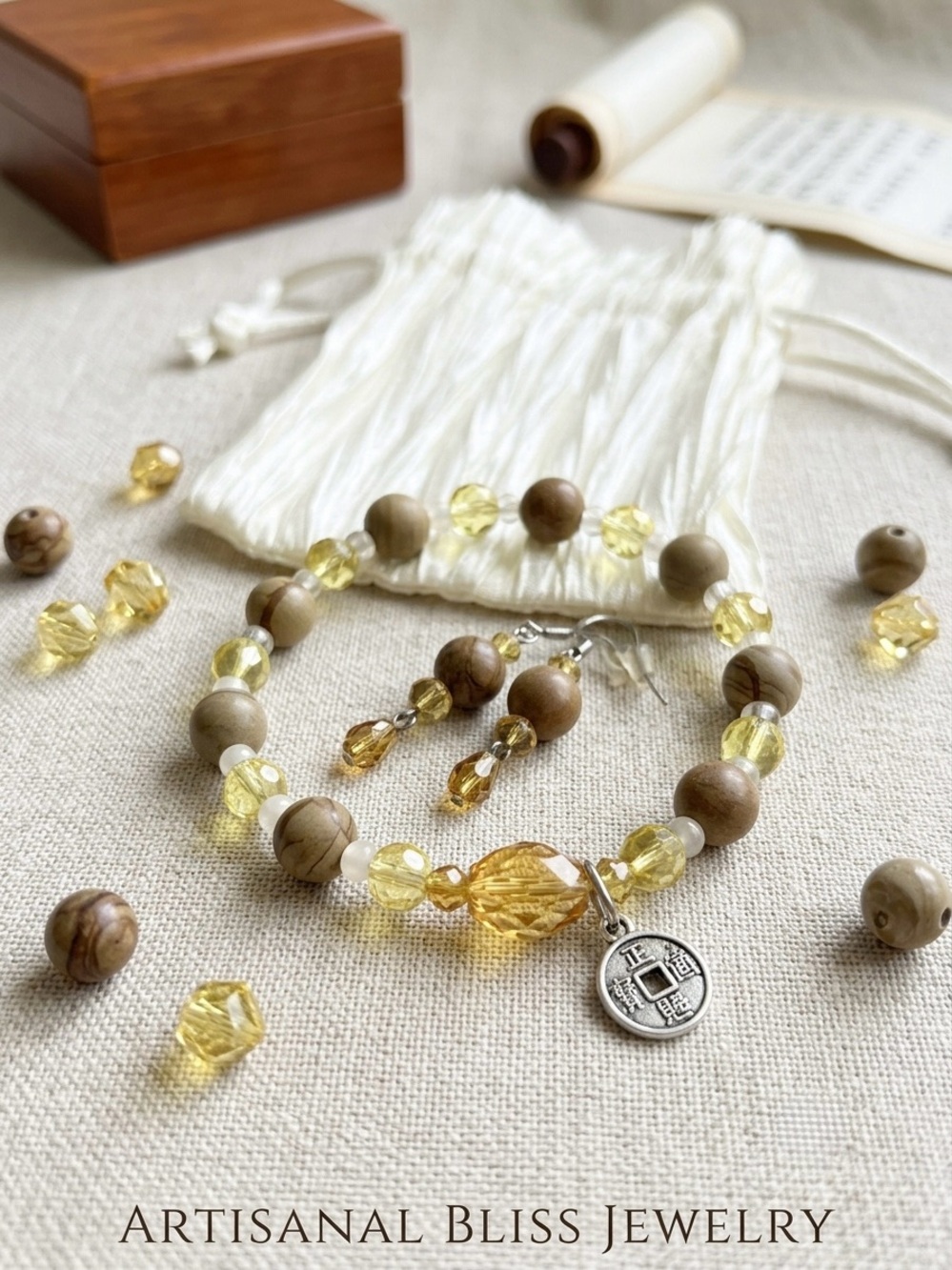 Yellow Crystal & Brown Stone Bracelet & Earrings Jewelry Set